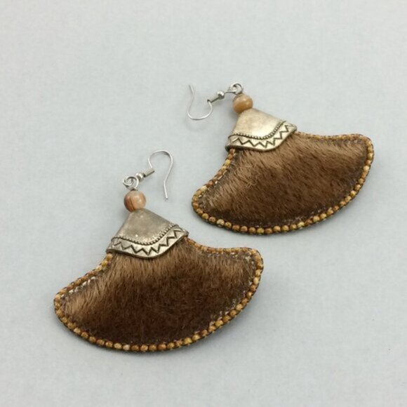 Beaded Metal Handmade Boho Dangle Earrings Festival Style Faux Real Leather Fur - Picture 7 of 16
